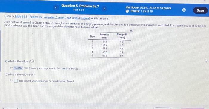  Reler to Lable S6 1- Facters for Computing Control Chart Limits