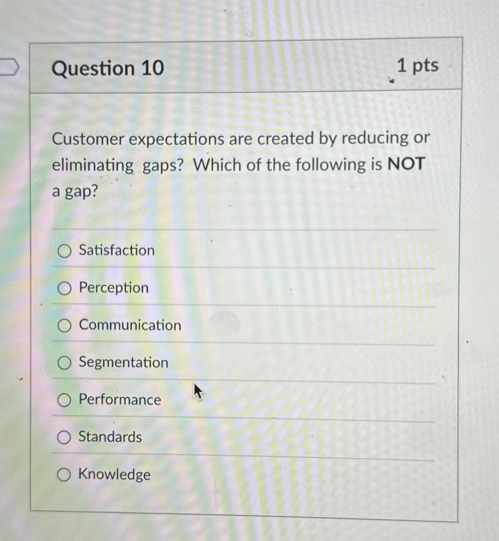  Question 10 Customer expectations are created by reducing or eliminating gaps?