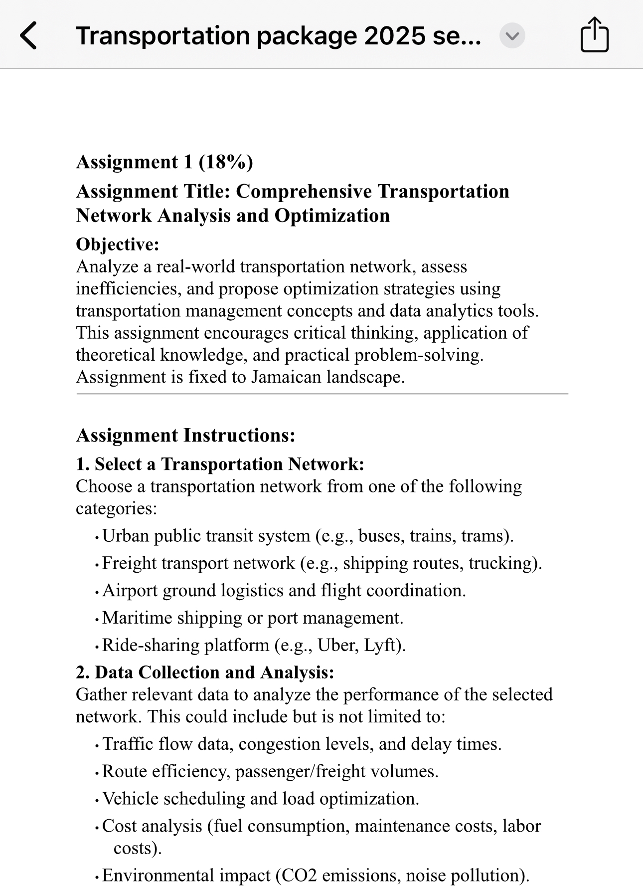  Assignment 1(18%) Assignment Title: Comprehensive Transportation Network Analysis and Optimization Objective:
