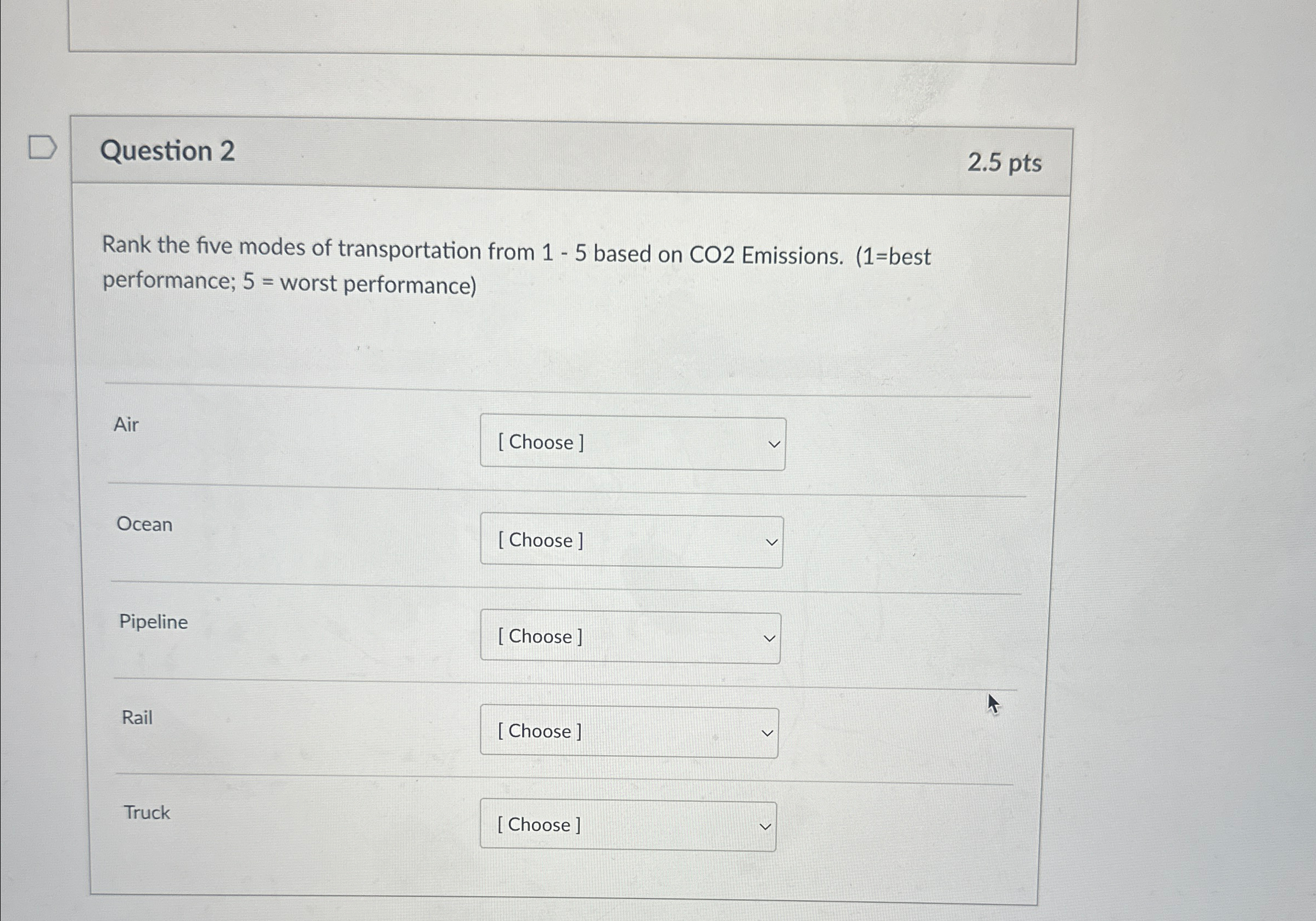  Question 2 2.5pts Rank the five modes of transportation from 1-5