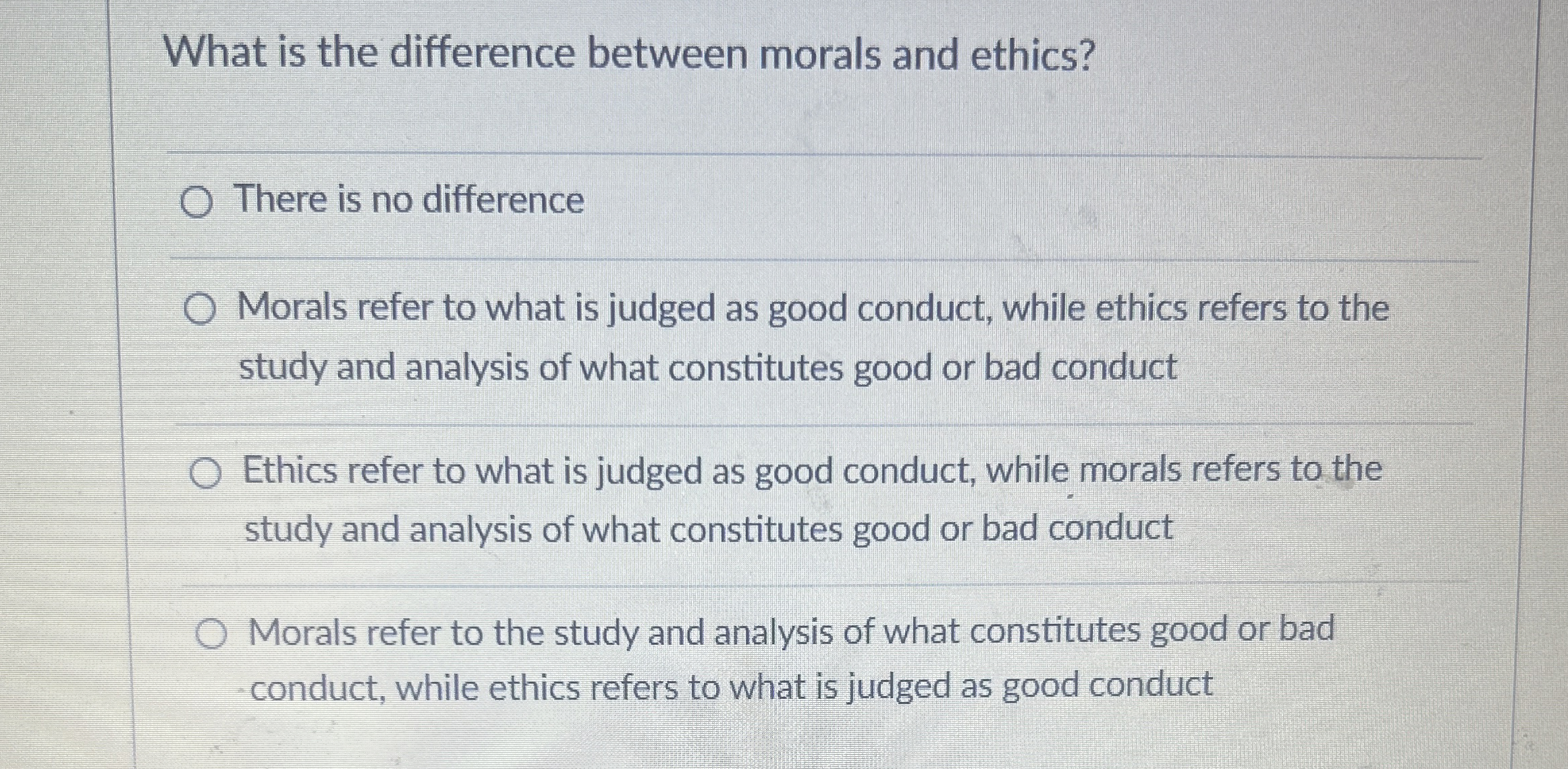  What is the difference between morals and ethics? There is no