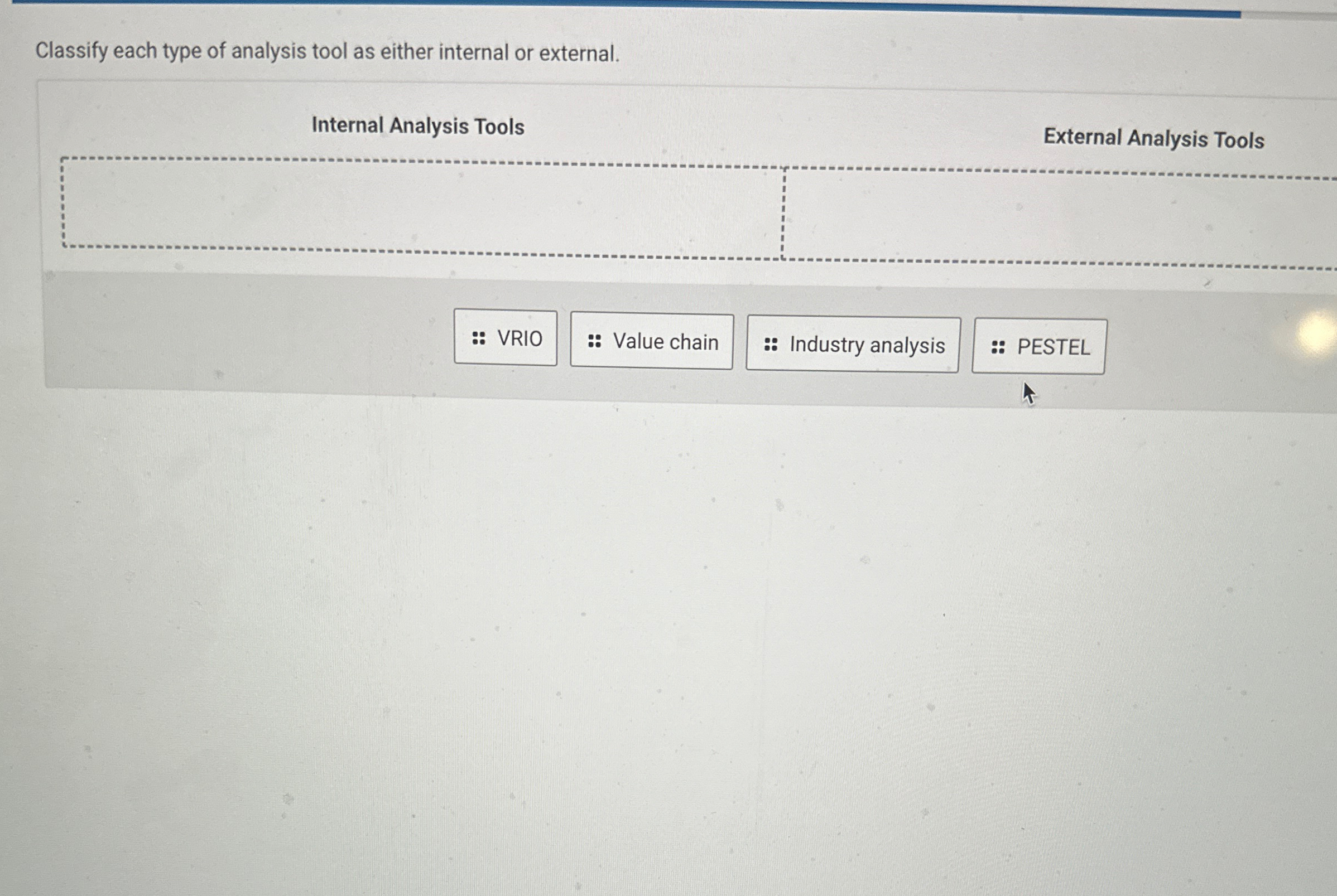  Classify each type of analysis tool as either internal or external.