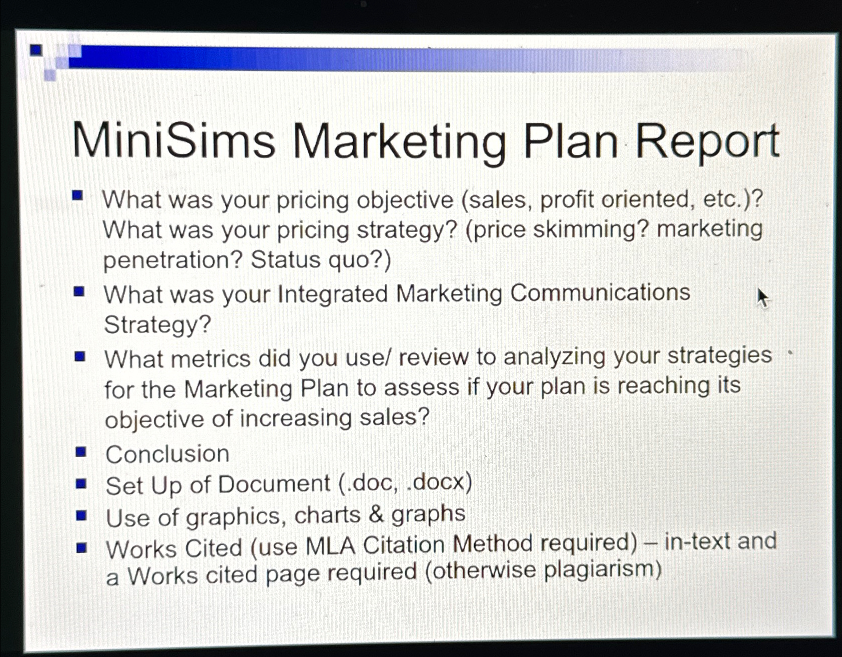  MiniSims Marketing Plan Report What was your pricing objective (sales, profit