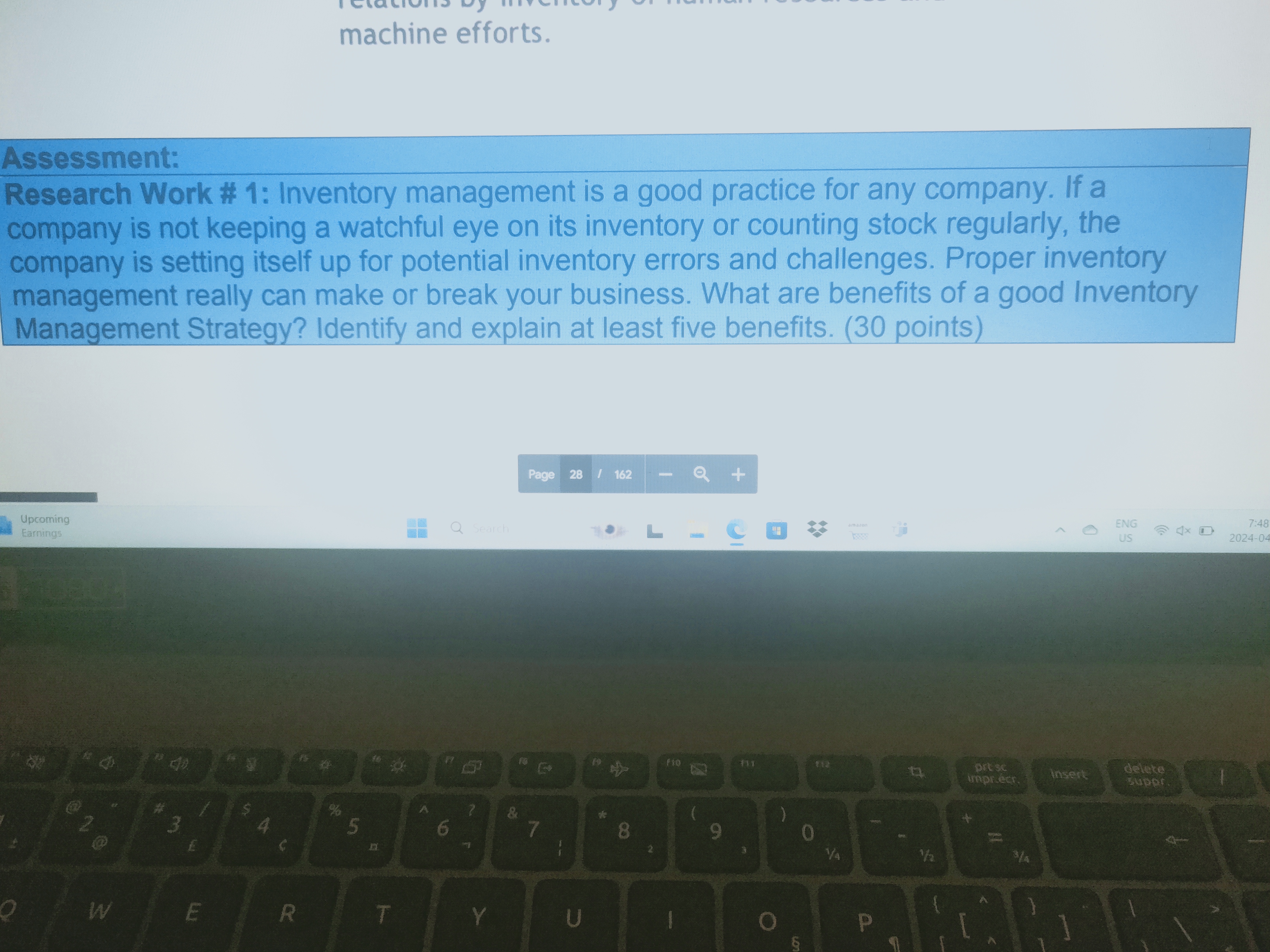  machine efforts. Assessment: Research Work # 1: Inventory management is a