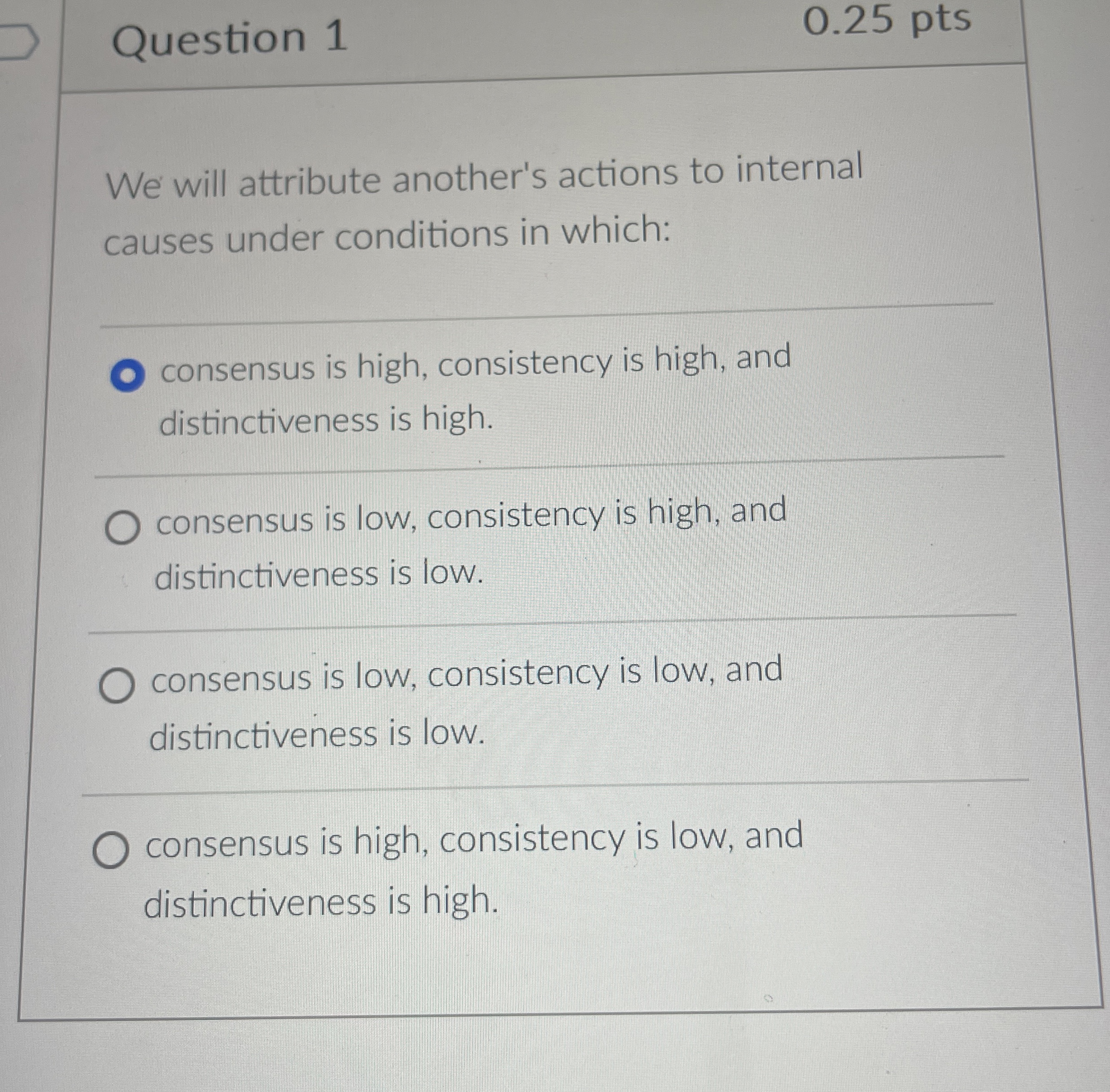  Question 1 0.25pts We will attribute another's actions to internal causes