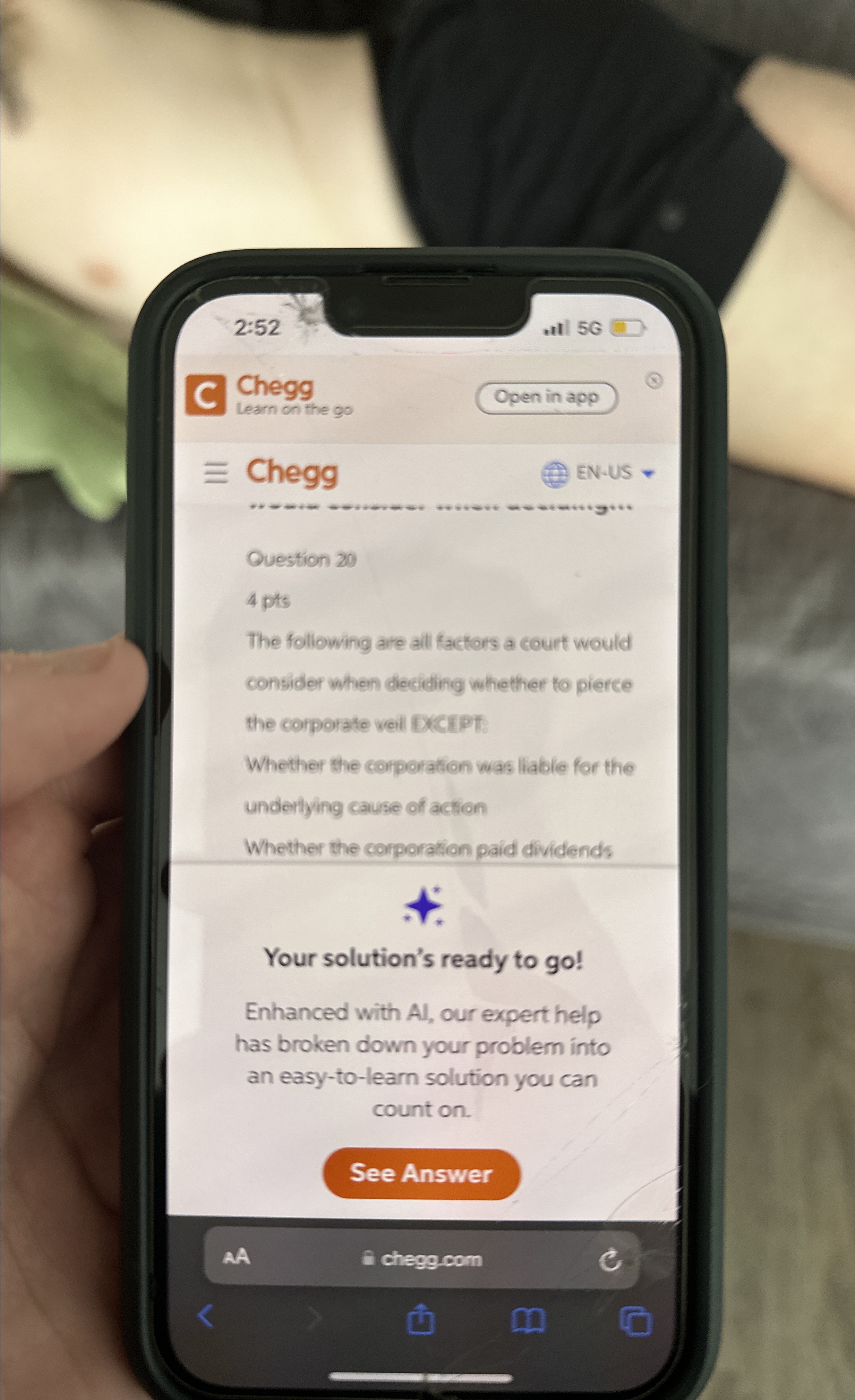  2:52 .Il 5G Chegg Learn on the go EN-US Chegg Question