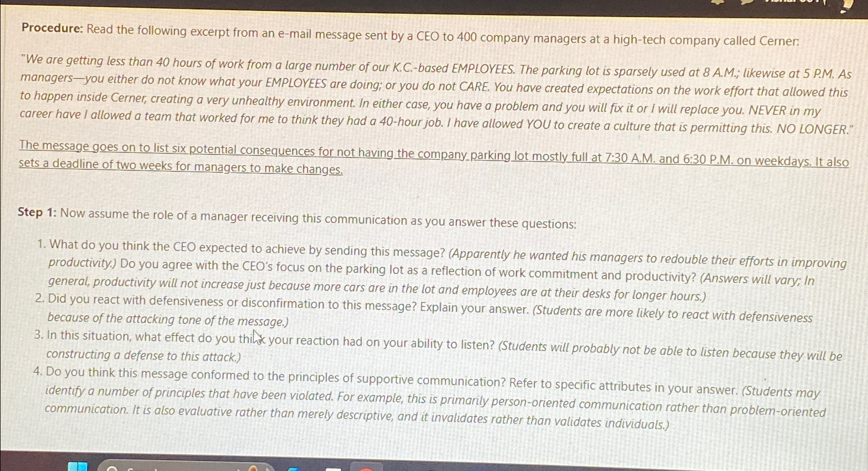  Procedure: Read the following excerpt from an e-mail message sent by