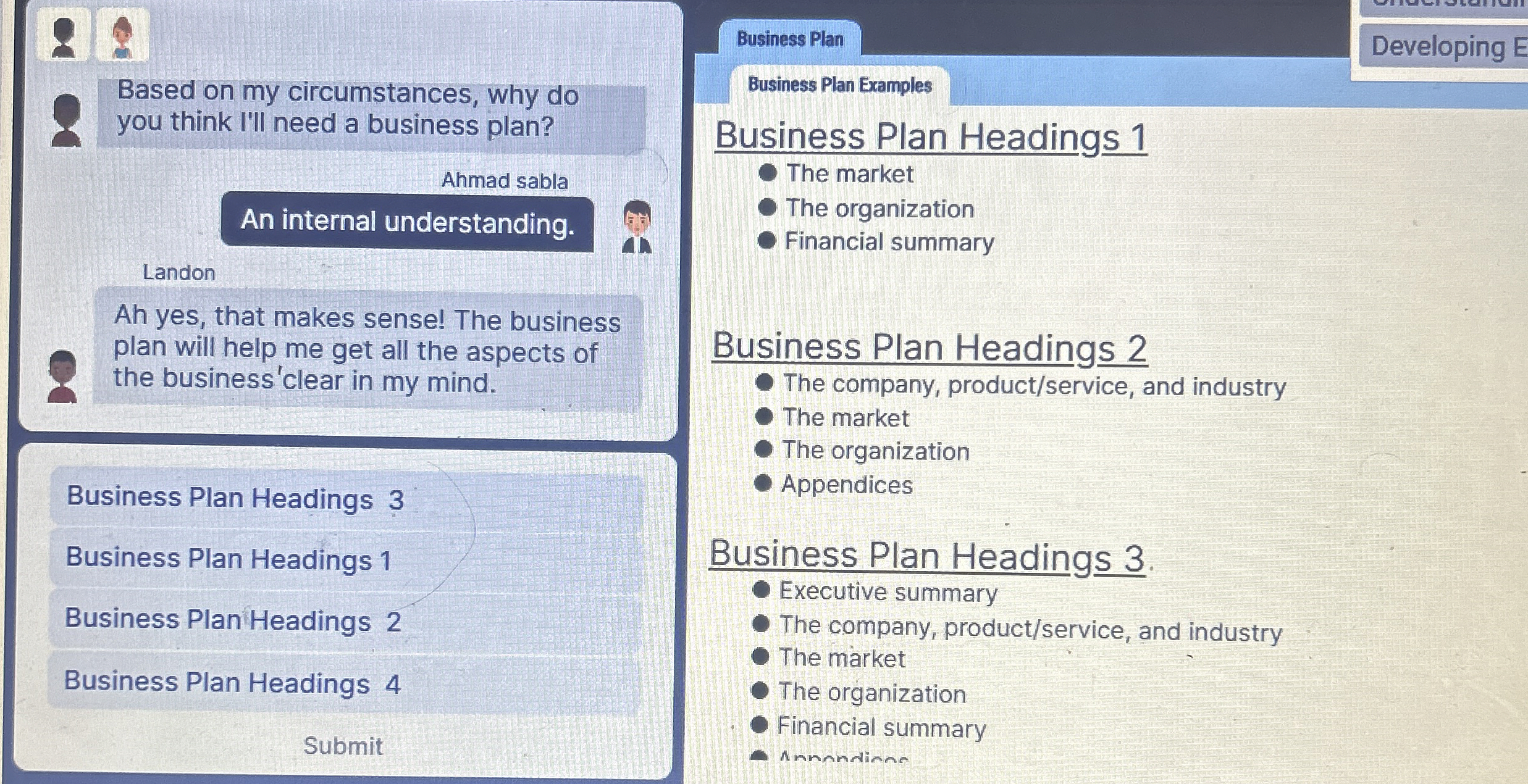  Business Plan Developing Based on my circumstances, why do you think