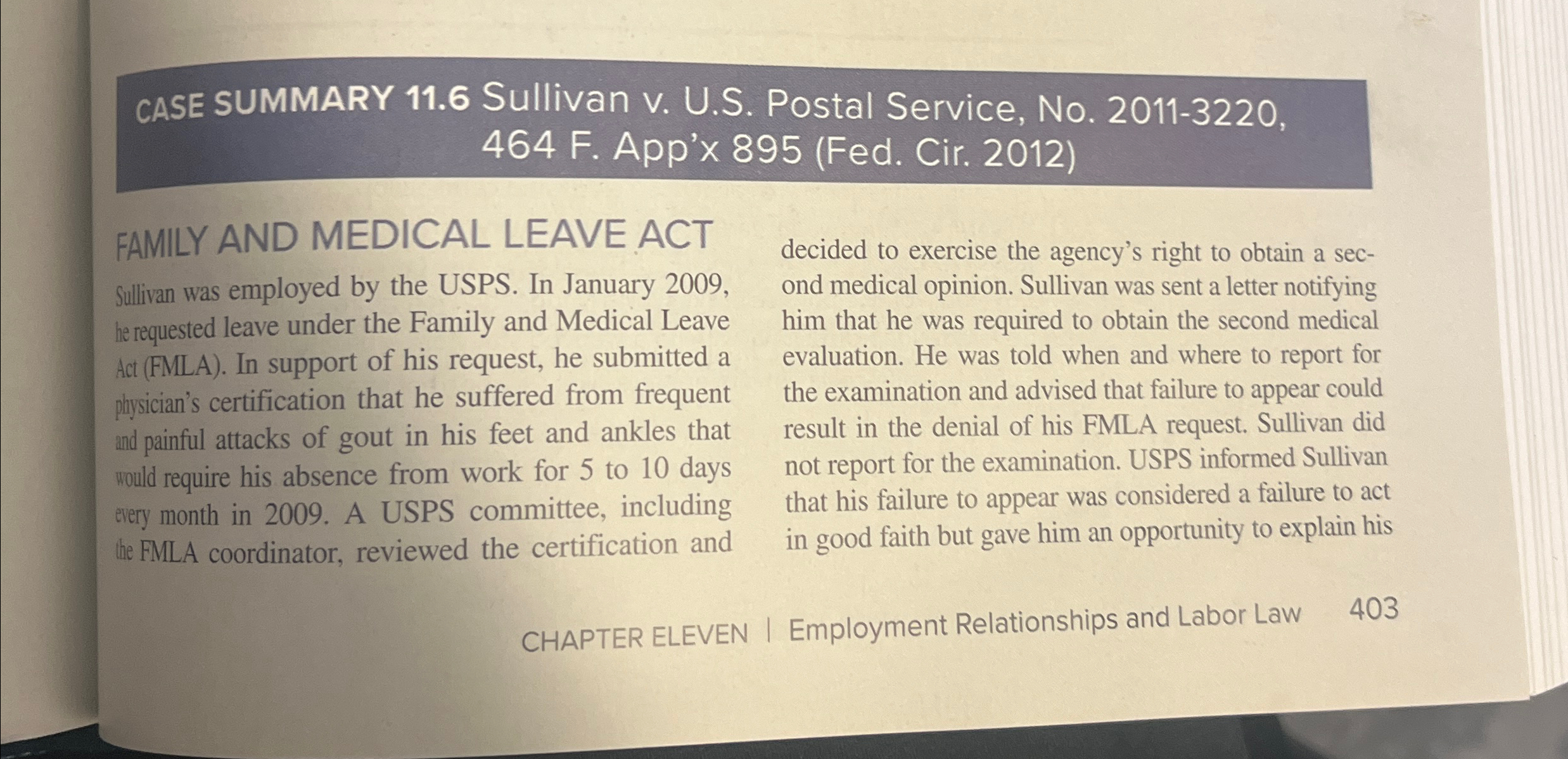  CASE SUMMARY 11.6 Sullivan v. U.S. Postal Service, No.2011-3220,464 F. App'x