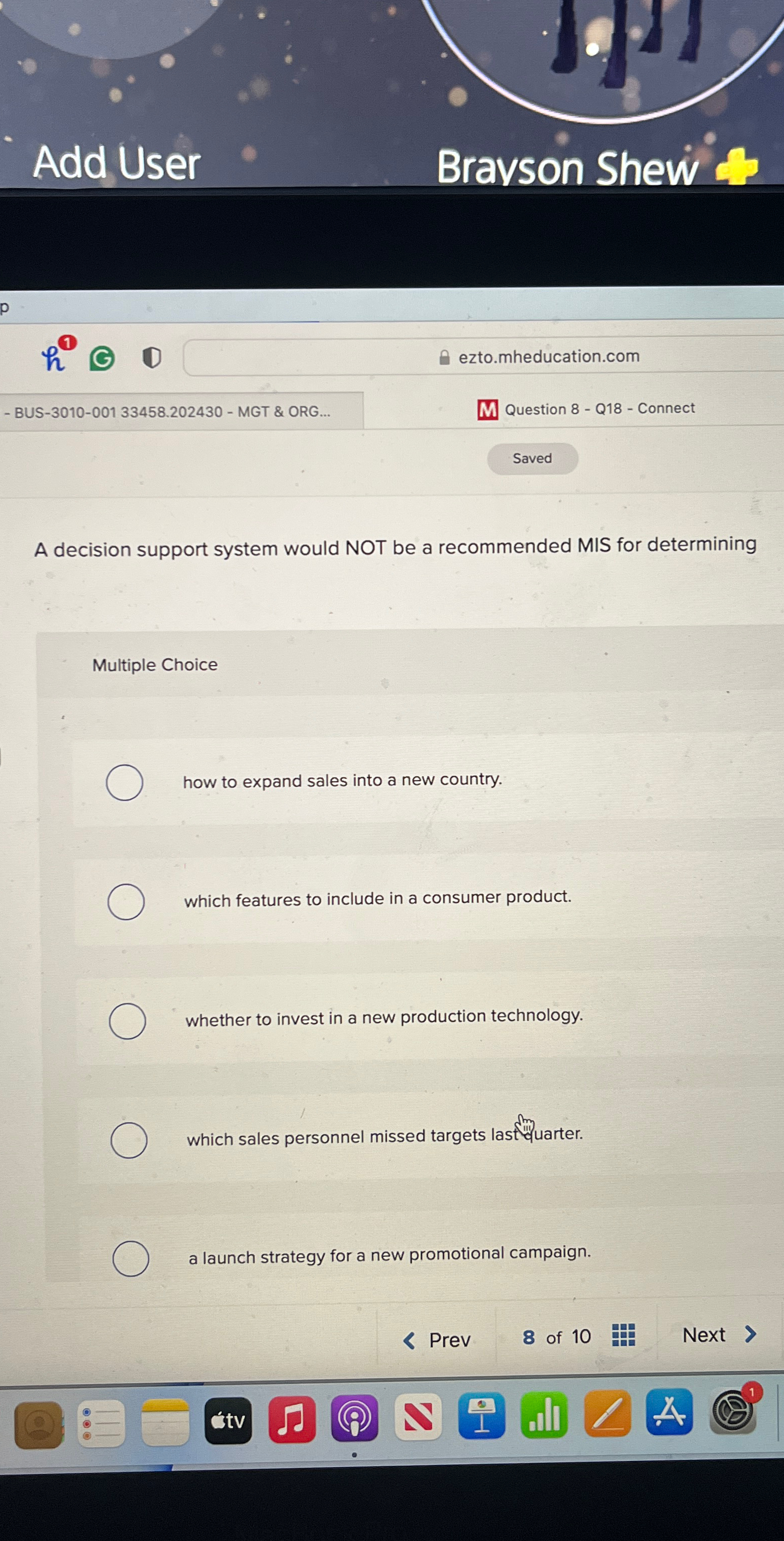  Add User Bravson Shew BUS-3010-00133458.202430- MGT & ORG... Question 8- Q18-
