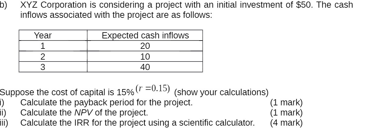 b) XYZ Corporation is considering a project with an initial investment