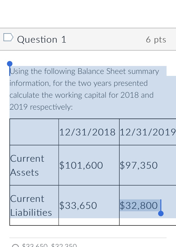 Question 1 6 pts Using the following Balance Sheet summary information,