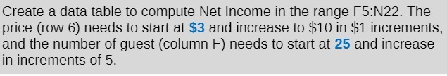  Create a data table to compute Net Income in the range
