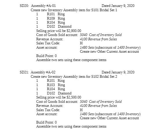  SD20: Assembly #A-01 Dated January 9, 2020 Create new Inventory Assembly