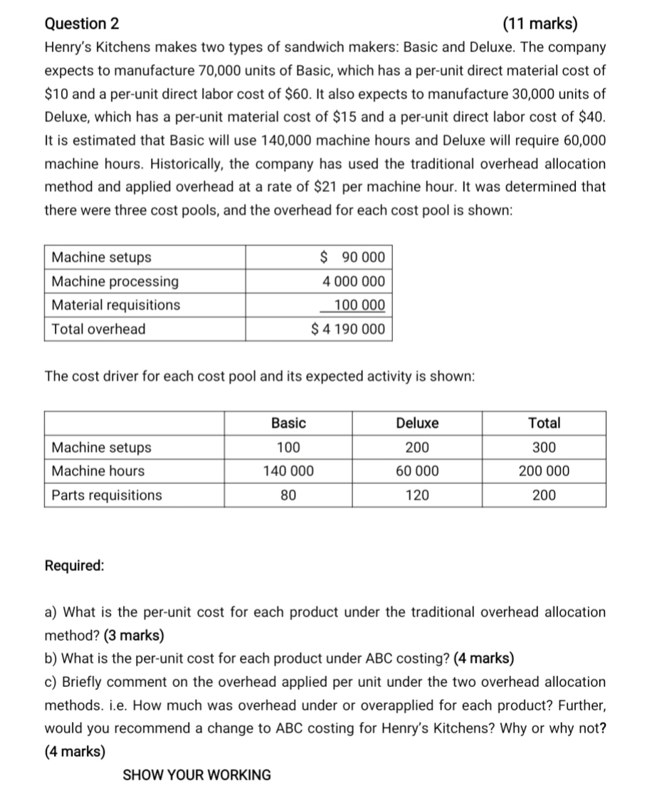 accounting Question 2 (11 marks) Henry's Kitchens makes two types of sandwich