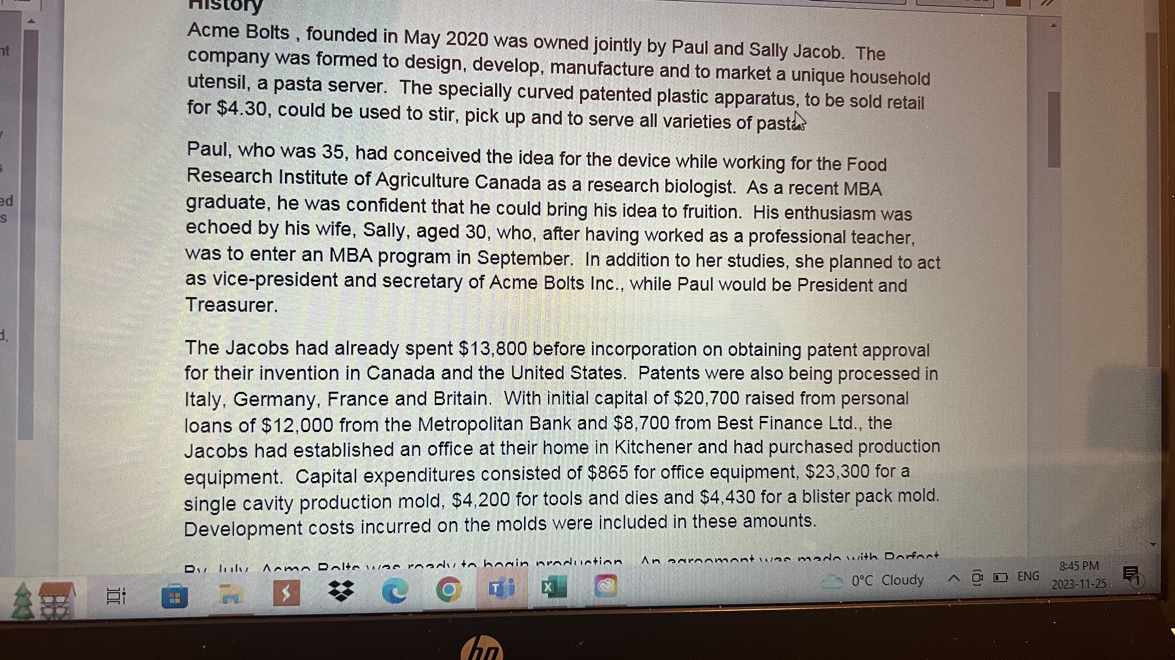 Equipment 865 $32,795 Other Patent 13,800 Total Assets $ 46,595 Liabilities Accounts
