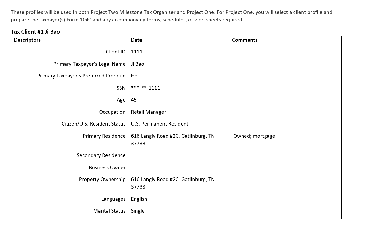 These profiles will be used in both Project Two Milestone Tax