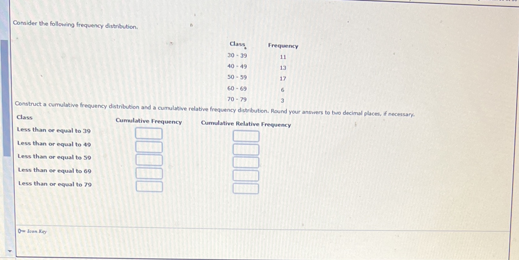  Consider the following frequency distribution. Class Frequency 30 - 39 11