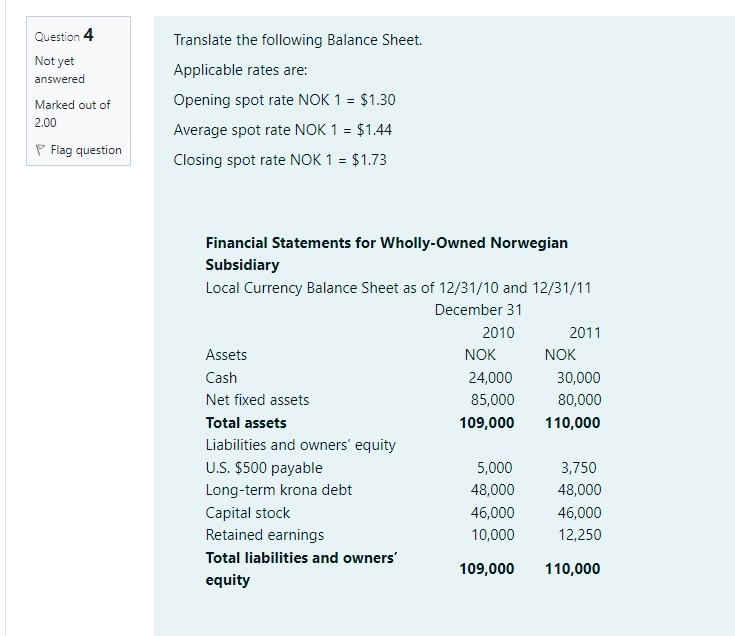 Retained earnings Translation adjustment Total liabilities and owners' equity\f\fQuestion 1 Not yet