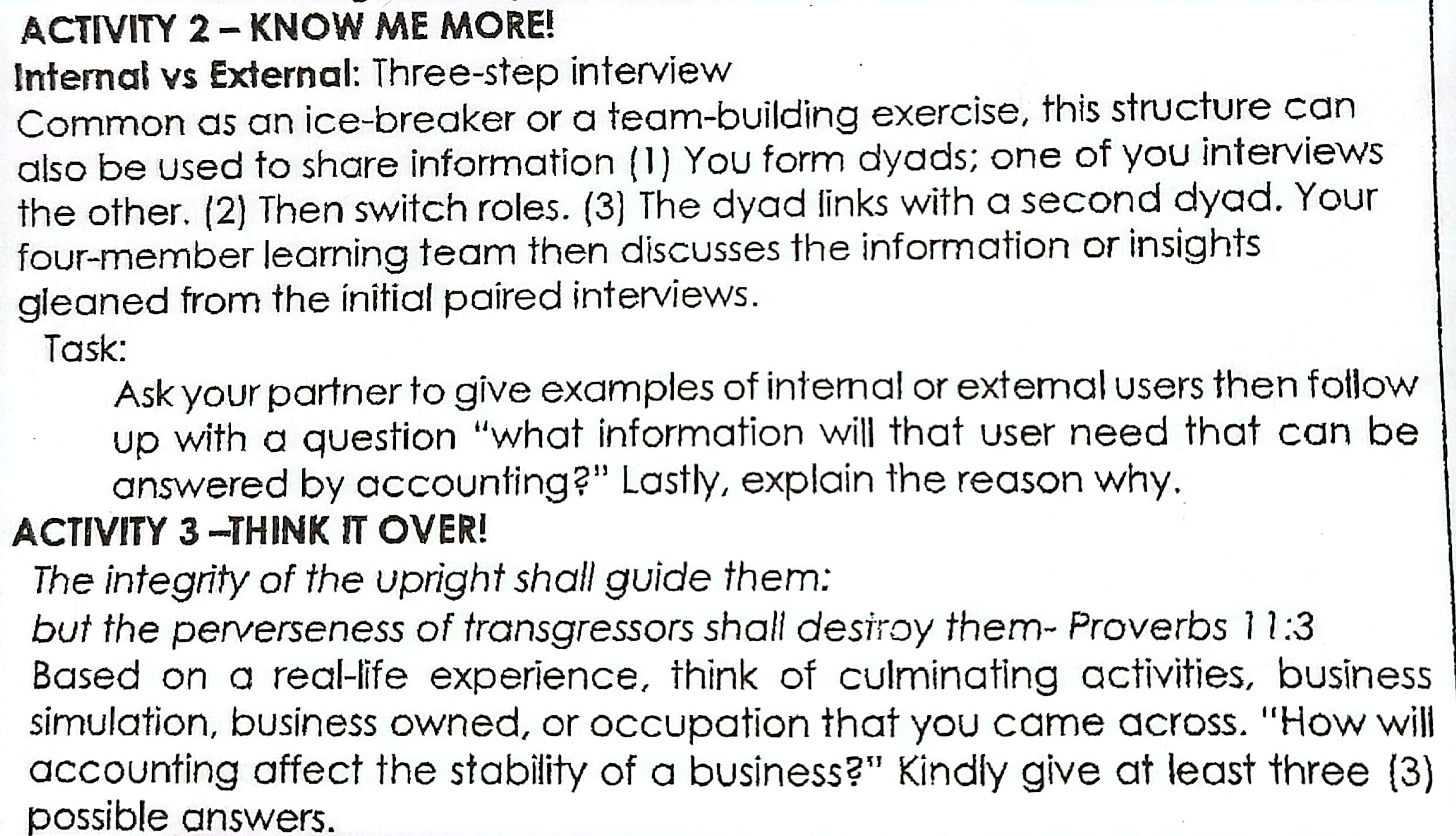 ACTIVITY 2 - KNOW ME MORE! Internal vs External: Three-step interview