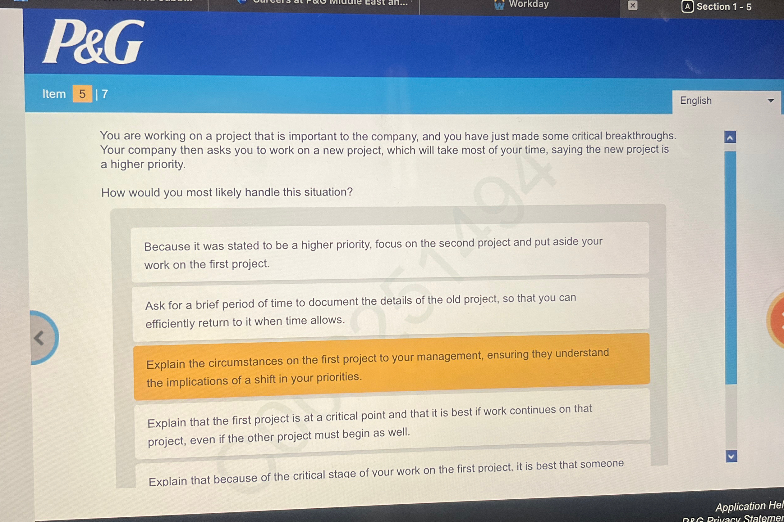  Workday A Section 1-5 \table[[Item,5,17]] English You are working on a