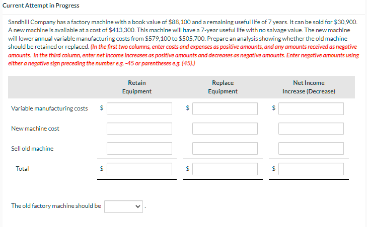 Current Attempt in Progress Sandhill Company has a factory machine with