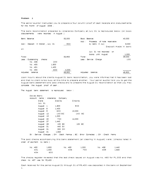 Problem The senior auditor Instructed you to prepare a four column