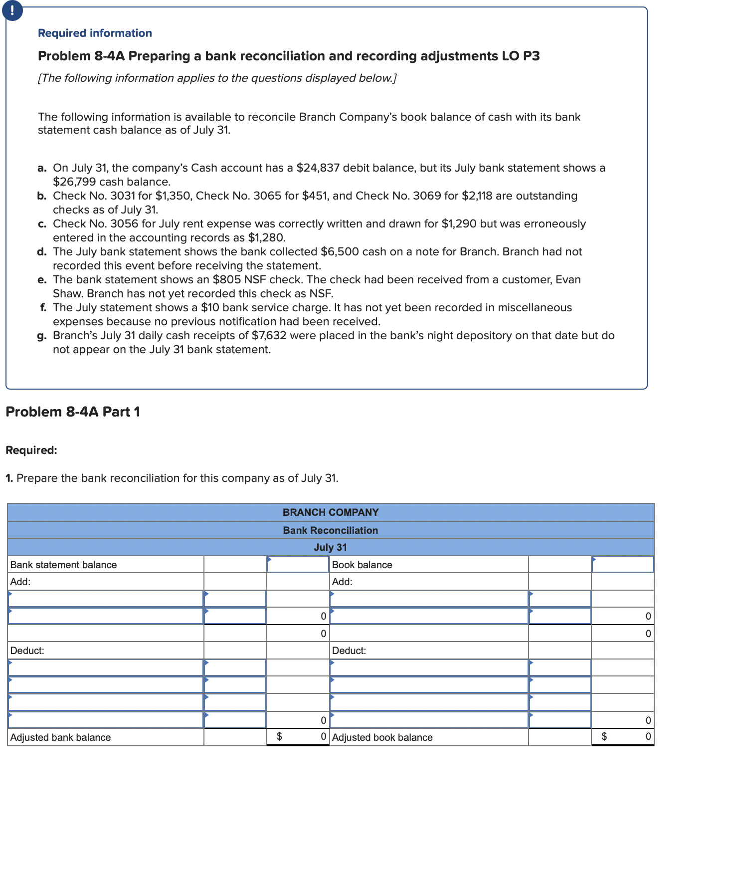 Required information Problem 84A Preparing a bank reconciliation and recording adjustments