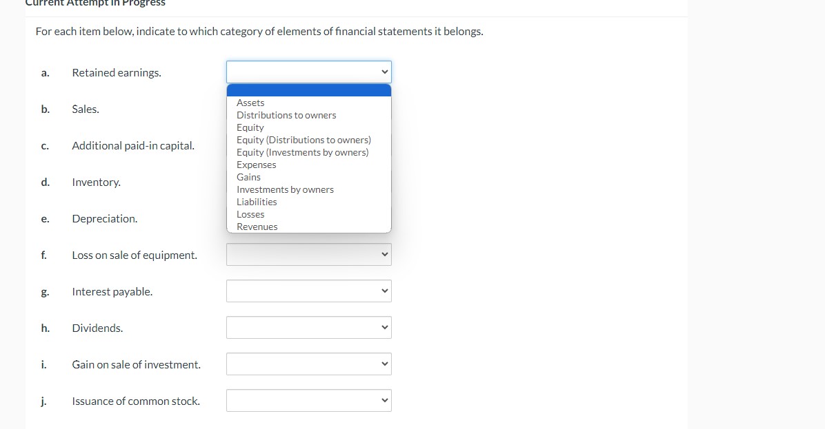 category of elements of financial statements it belongs. a. Retained earnings. b.