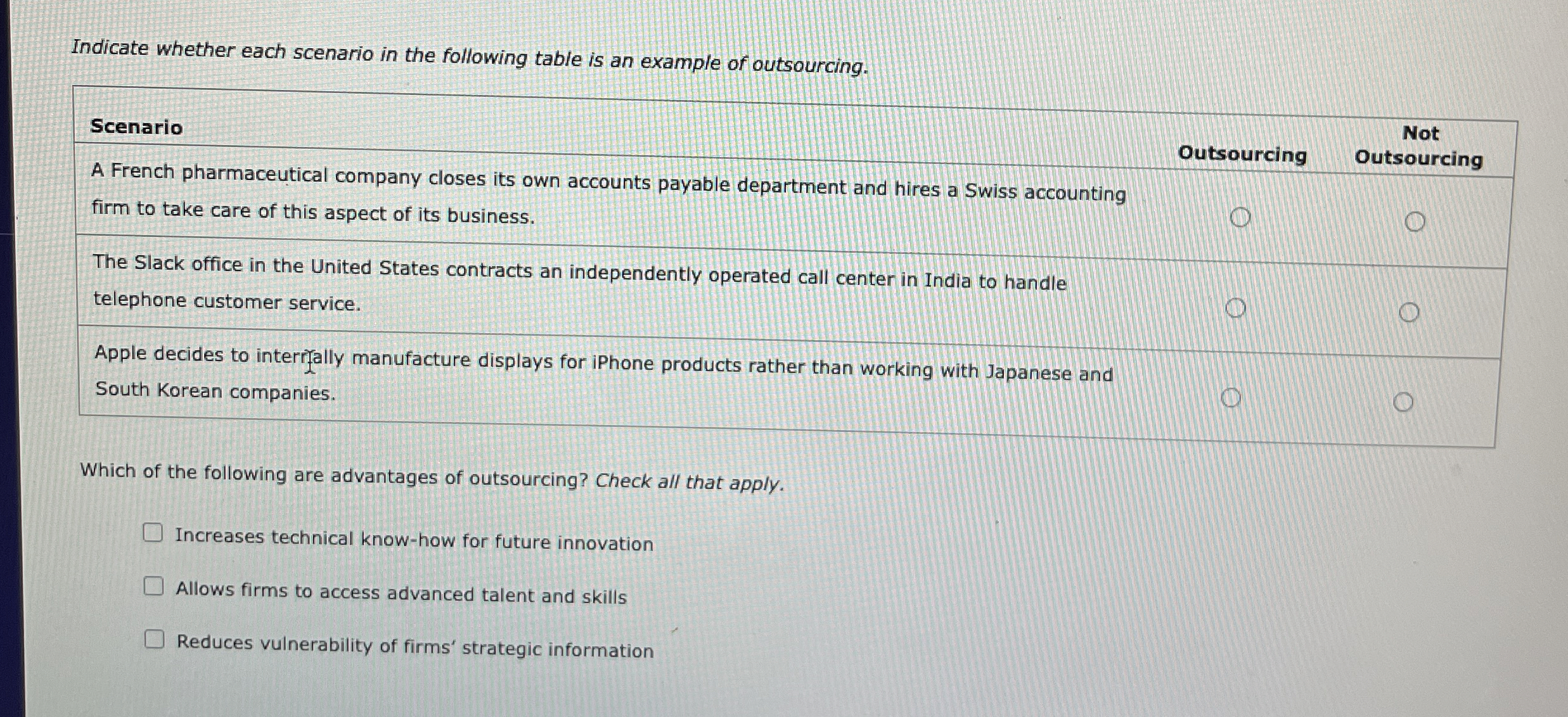  Indicate whether each scenario in the following table is an example