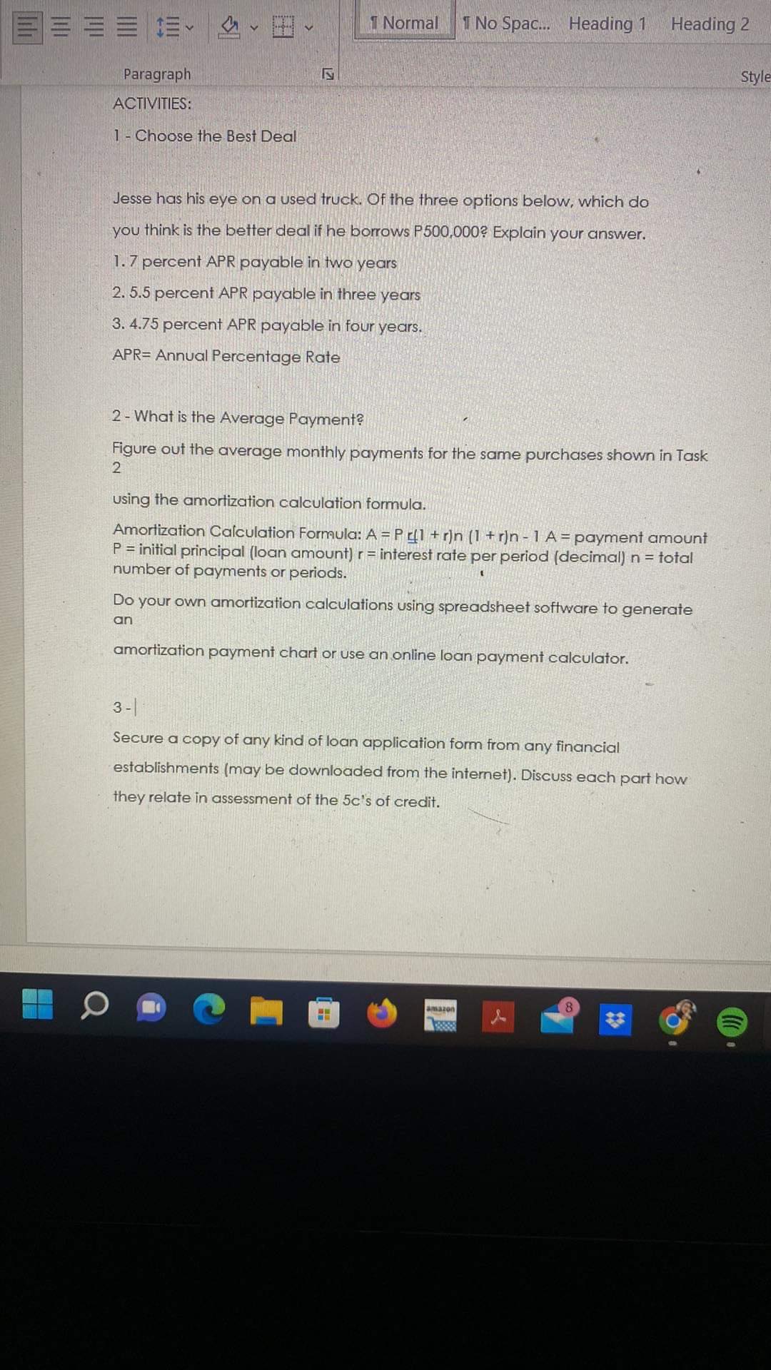  1 Normal No Spac... Heading 1 Heading 2 Paragraph Style ACTIVITIES: