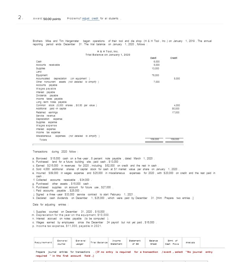  2 . Award: 50.00 points Problems? Adjust credit for all students