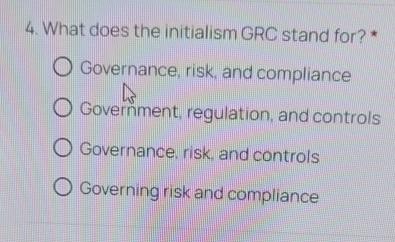  What does the initialism GRC stand for? * Governance, risk, and