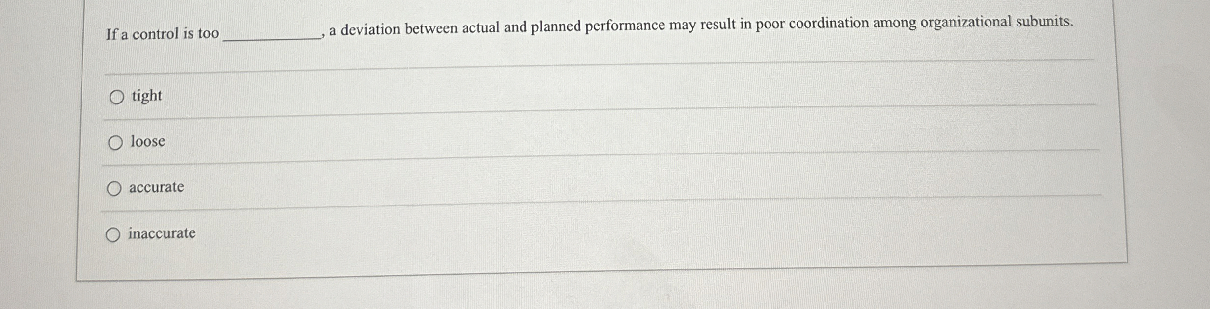  If a control is too a deviation between actual and planned
