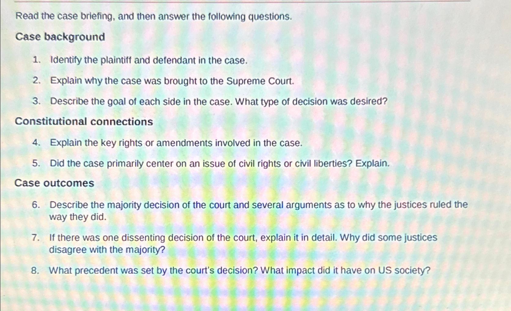  For this assignment, you will research and analyze US Supreme Court