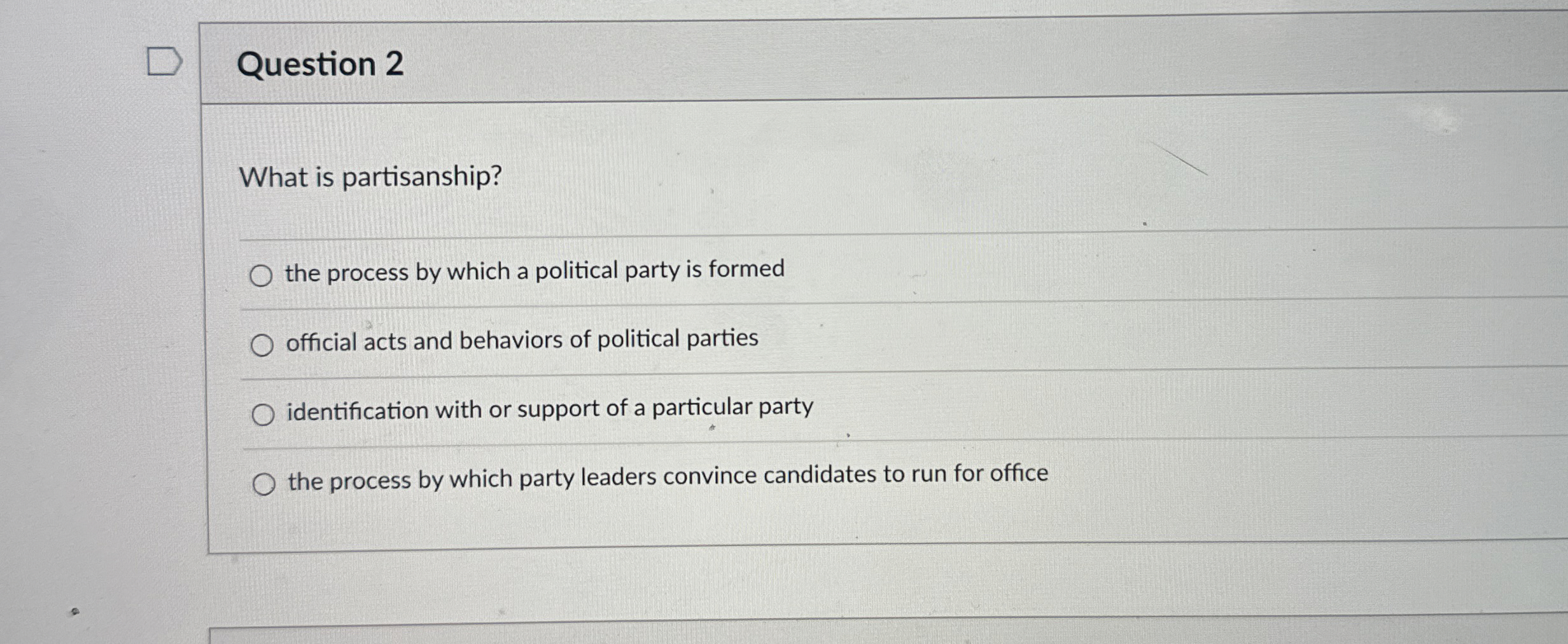 Question 2 What is partisanship? the process by which a political