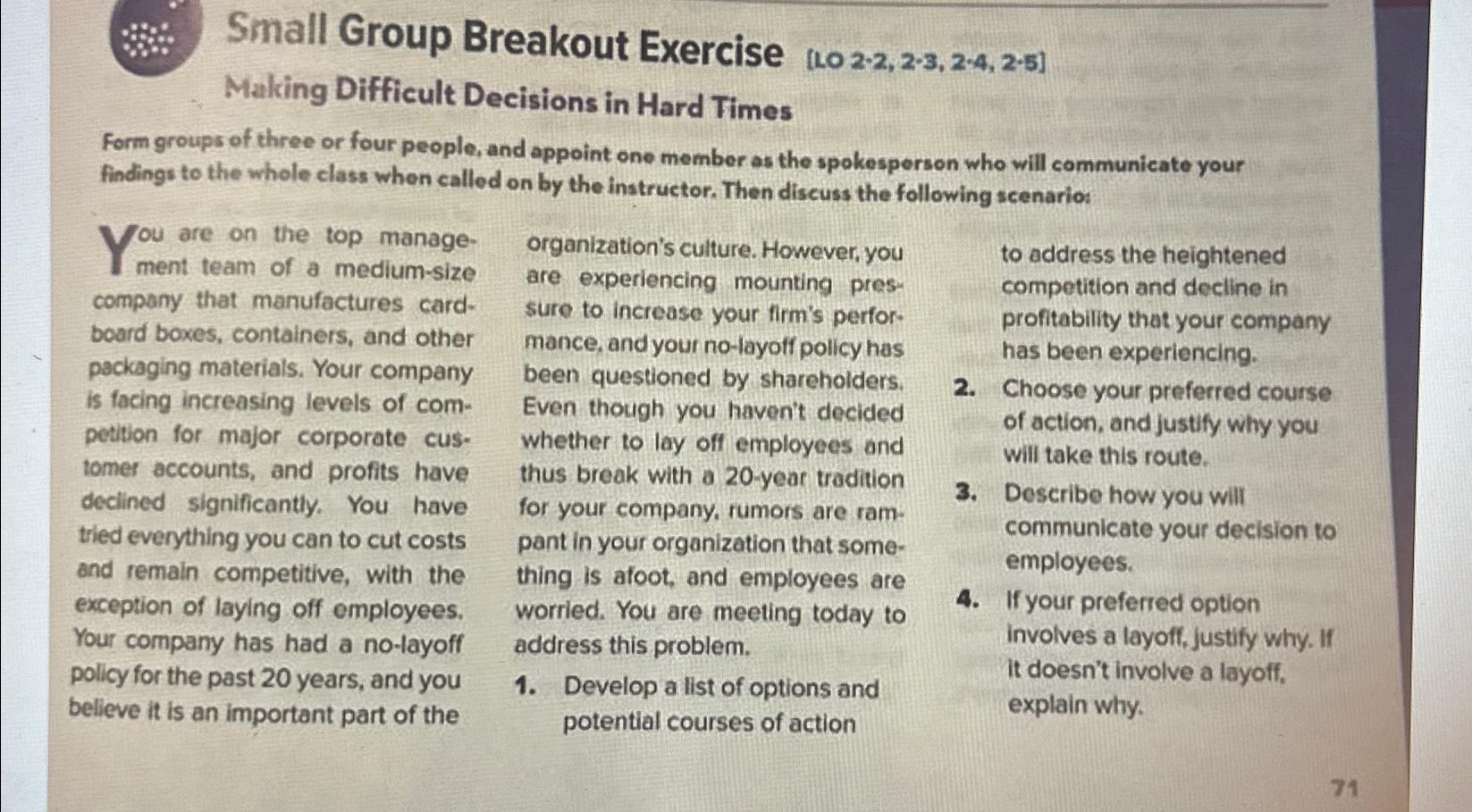  Small Group Breakout Exercise 1.02*2,2*3,2-4,2*5 Making Difficult Decisions in Hard Times