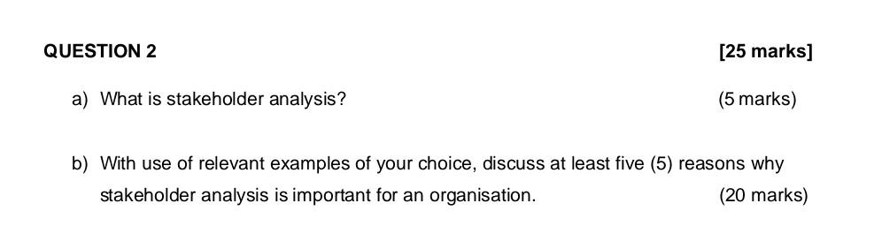 a) What is stakeholder analysis? (5 marks) b) With use of