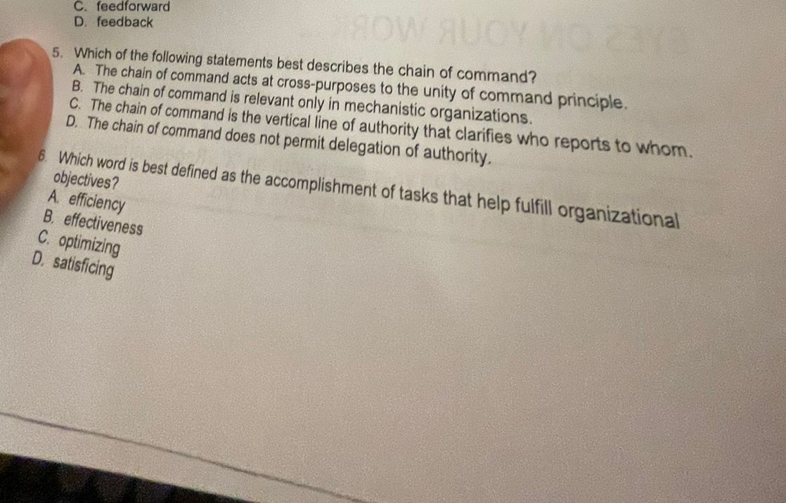  C. feedforward D. feedback 5. Which of the following statements best