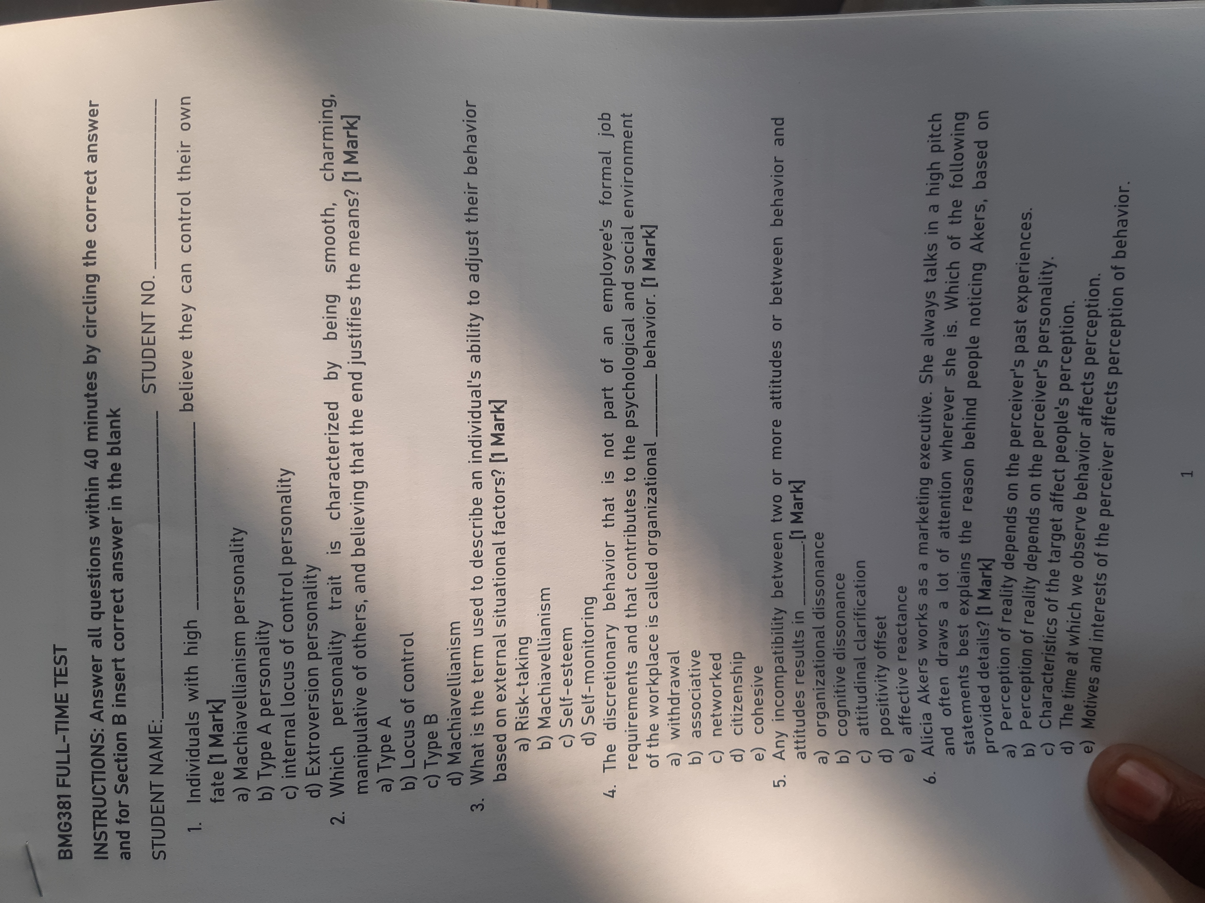  BMG381 FULL-TIME TEST INSTRUCTIONS: Answer all questions within 40 minutes by