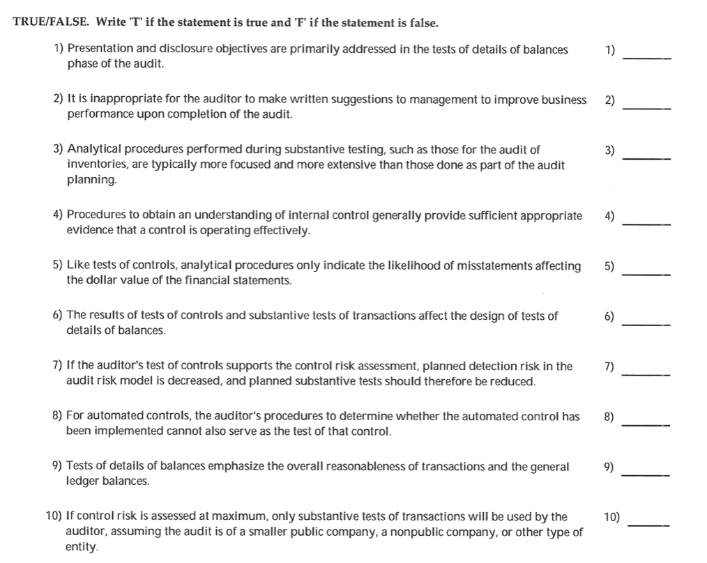  TRUMALSE. Write 'T' if the statement is true and '1" if