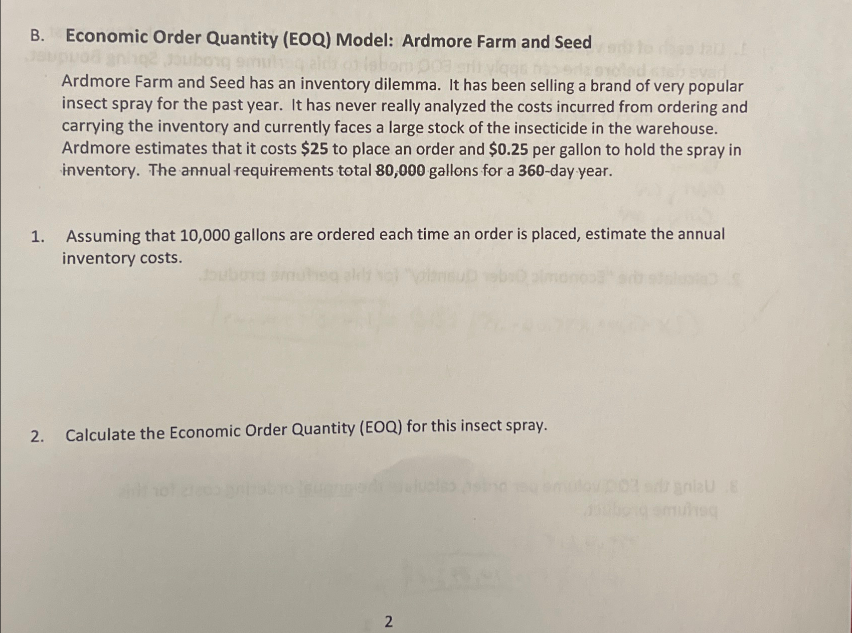  B. Economic Order Quantity (EOQ) Model: Ardmore Farm and Seed Ardmore