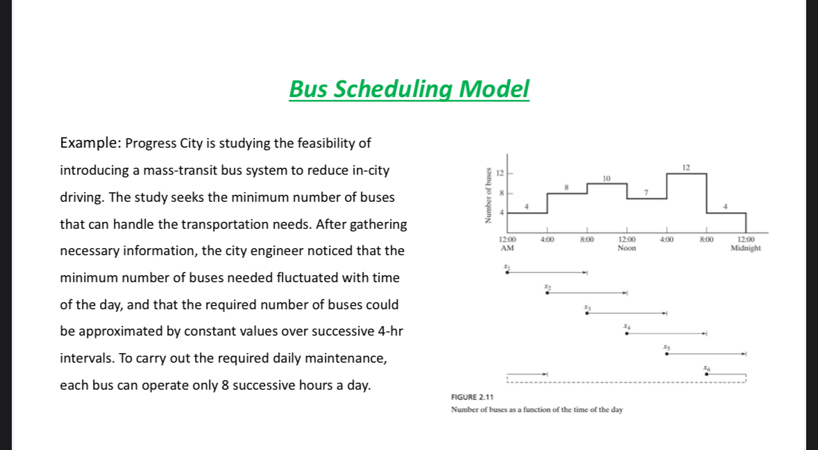  Bus Scheduling ModeI Example: Progress City is studying the feasibility of