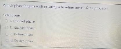  Which phase begins with creating a baseline metric for a process?
