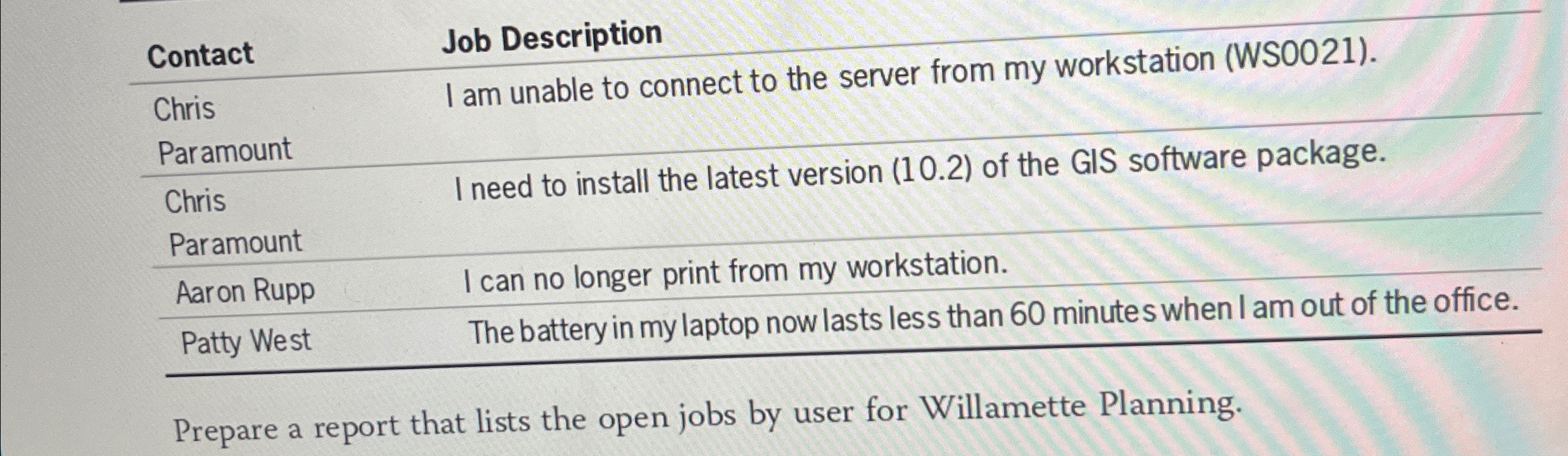 \table[[Contact,fo021).],[\table[[Chris],[Paramount]],I am unable to connect to the server from my workstation