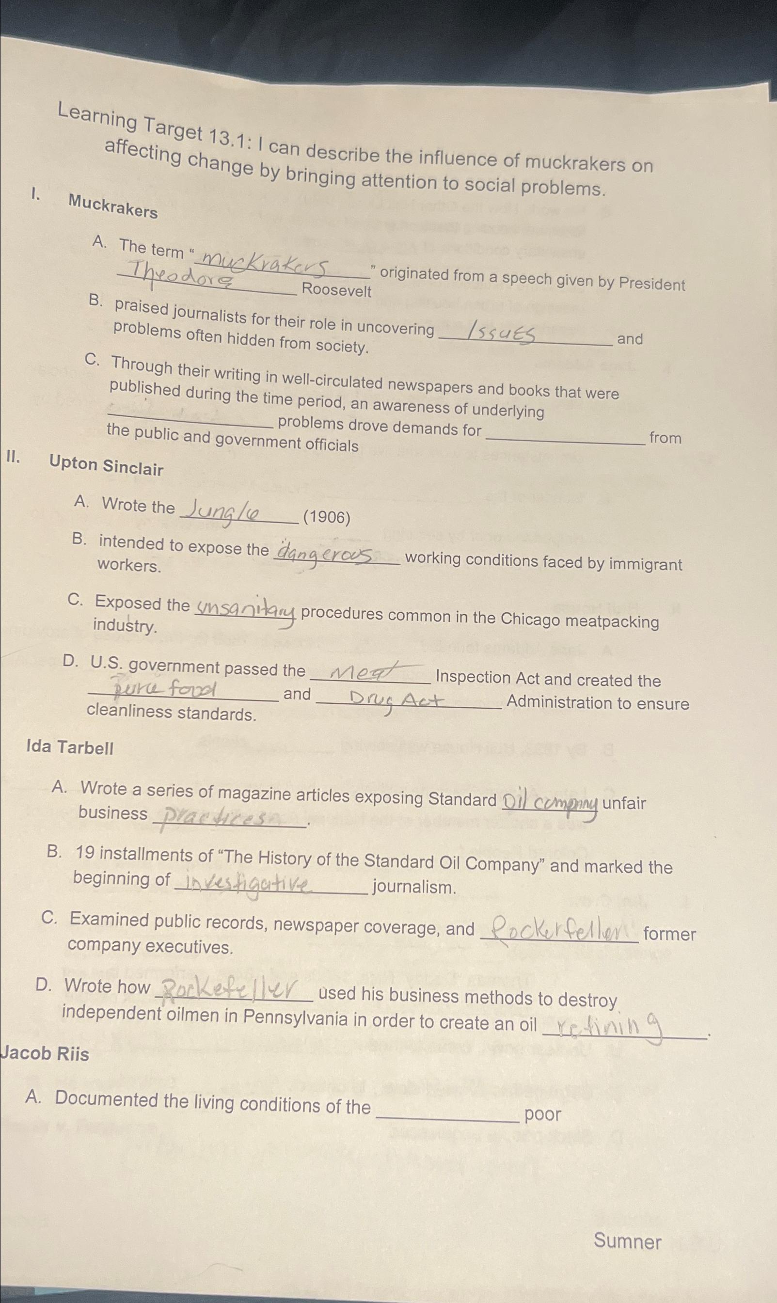  Learning Target 13.1: I can describe the influence of muckrakers on