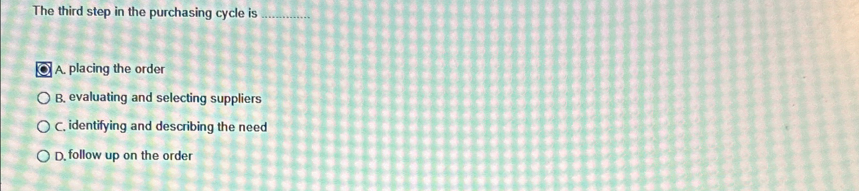  The third step in the purchasing cycle is q, A. placing