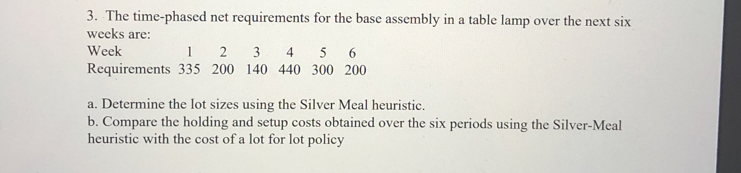  The time-phased net requirements for the base assembly in a table