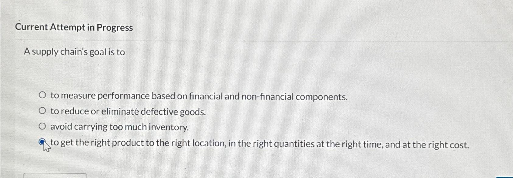 Current Attempt in Progress A supply chain's goal is to to