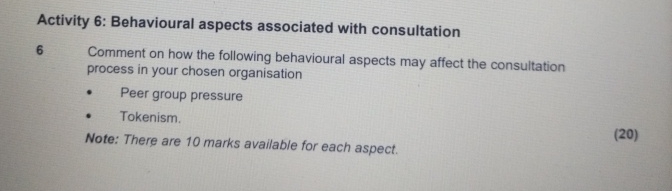  Activity 6: Behavioural aspects associated with consultation 6 Comment on how